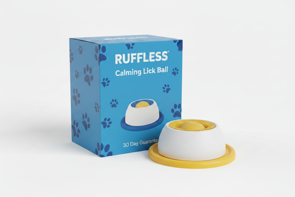 Ruffless Calming Lick Ball with Branded Blue Packaging